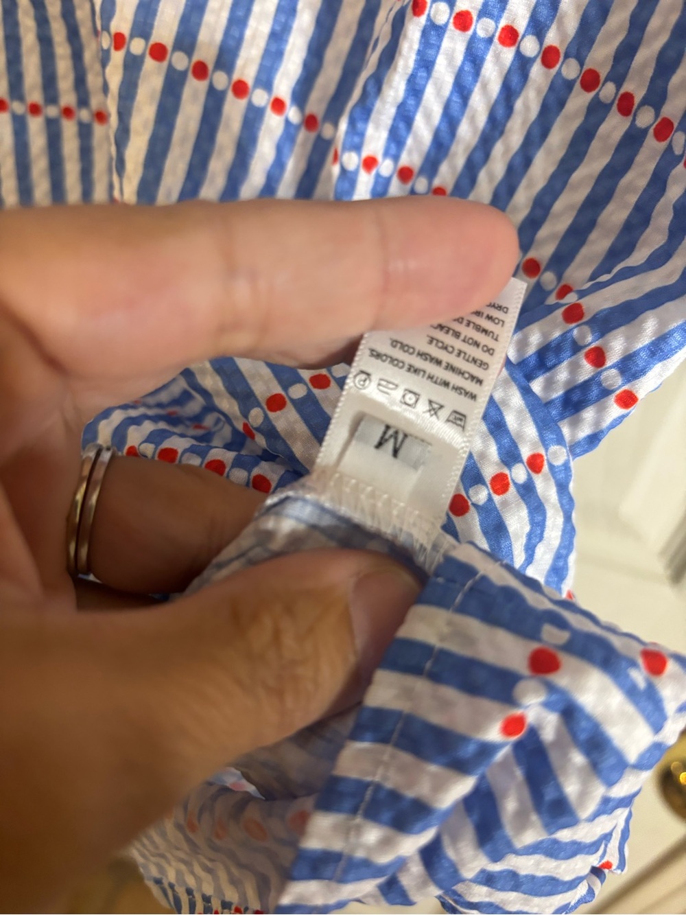 Blue and White Patterned Popover with Red Trim - Picture 3 of 3